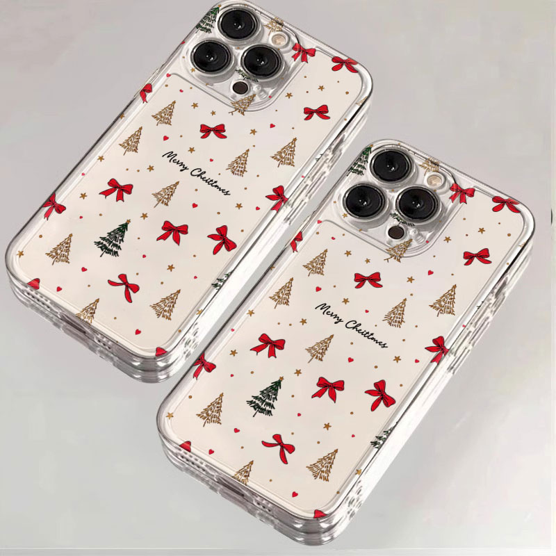 Clear Shockproof Bumper Case - 赤いリボンが付いたクリスマスデザインの透明耐衝撃スマホケース。iPhone 11、12、13、14、15、16、17 Pro、18 Pro Max、16E、Air、X、XS、XR、7、8 Plus、SE2に対応。