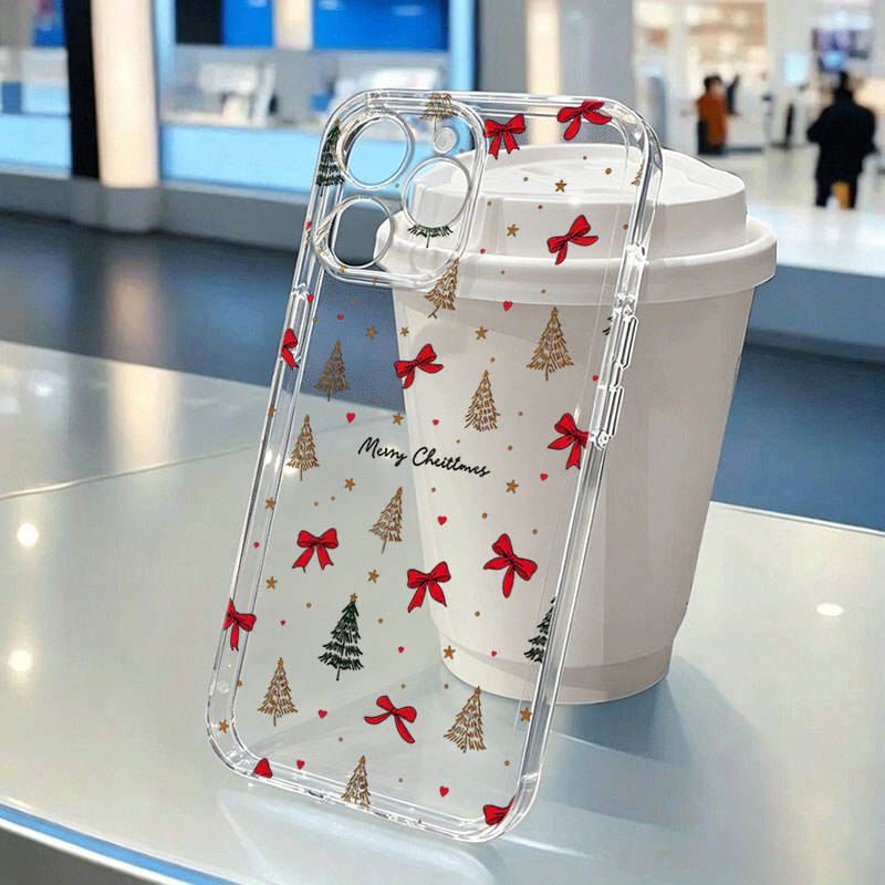 赤いリボンが付いたクリスマスデザインの透明耐衝撃スマホケース - Clear Shockproof Bumper Case のレビューと価格